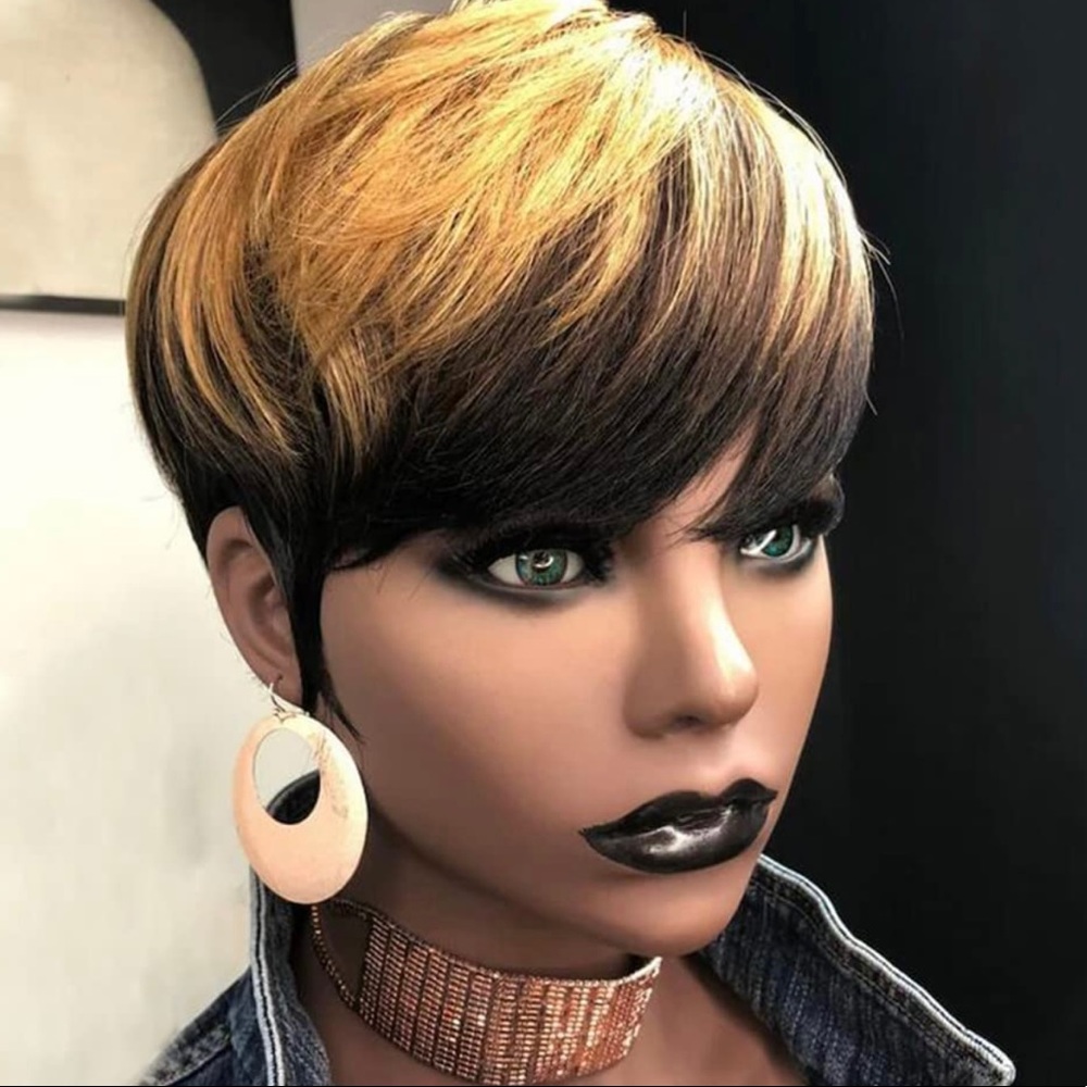 COPY - COPY - Bewig short pixie cut synthetic hair wig black mixed with blonde …